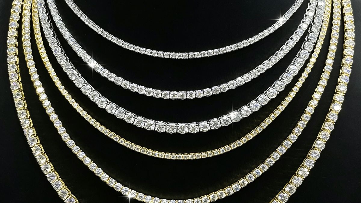 Moissanite tennis chains in silver and gold tones, stones individually set in prongs