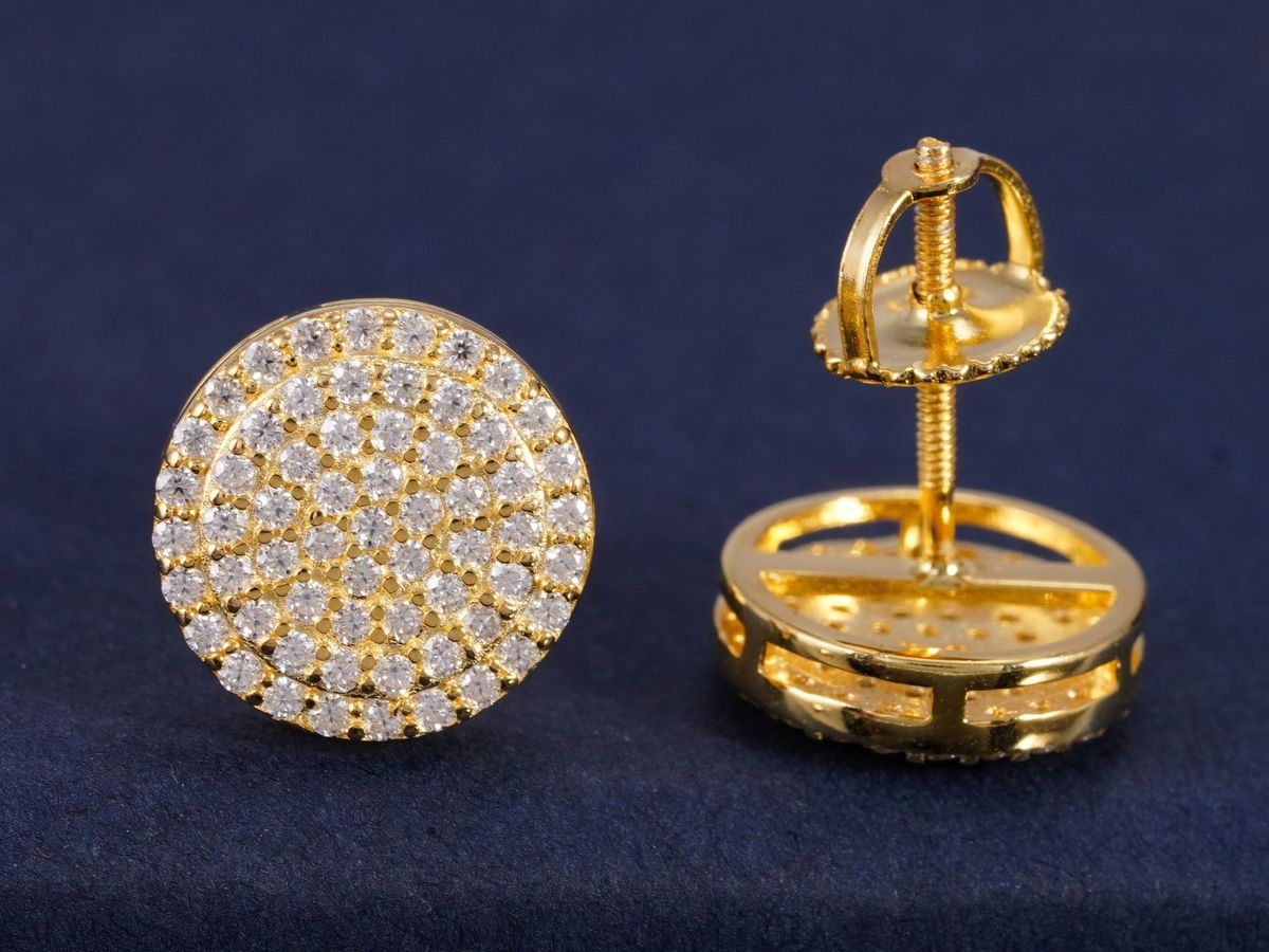 Iced out moissanite stud earrings in 925 sterling silver, micro-pave stones set across the face of each earring