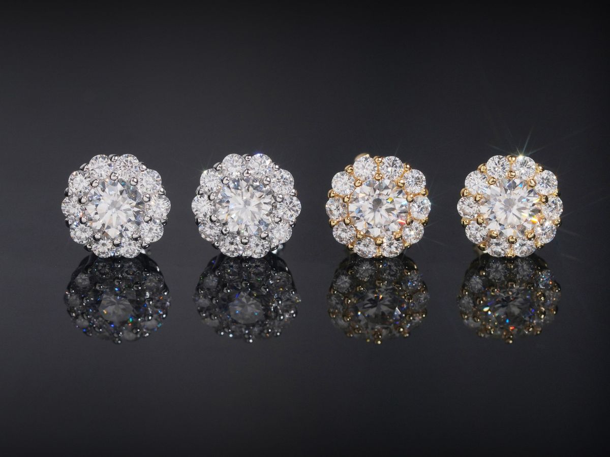 Moissanite stud earrings with 8.8mm flower motif in 925 sterling silver, round stones in prong settings