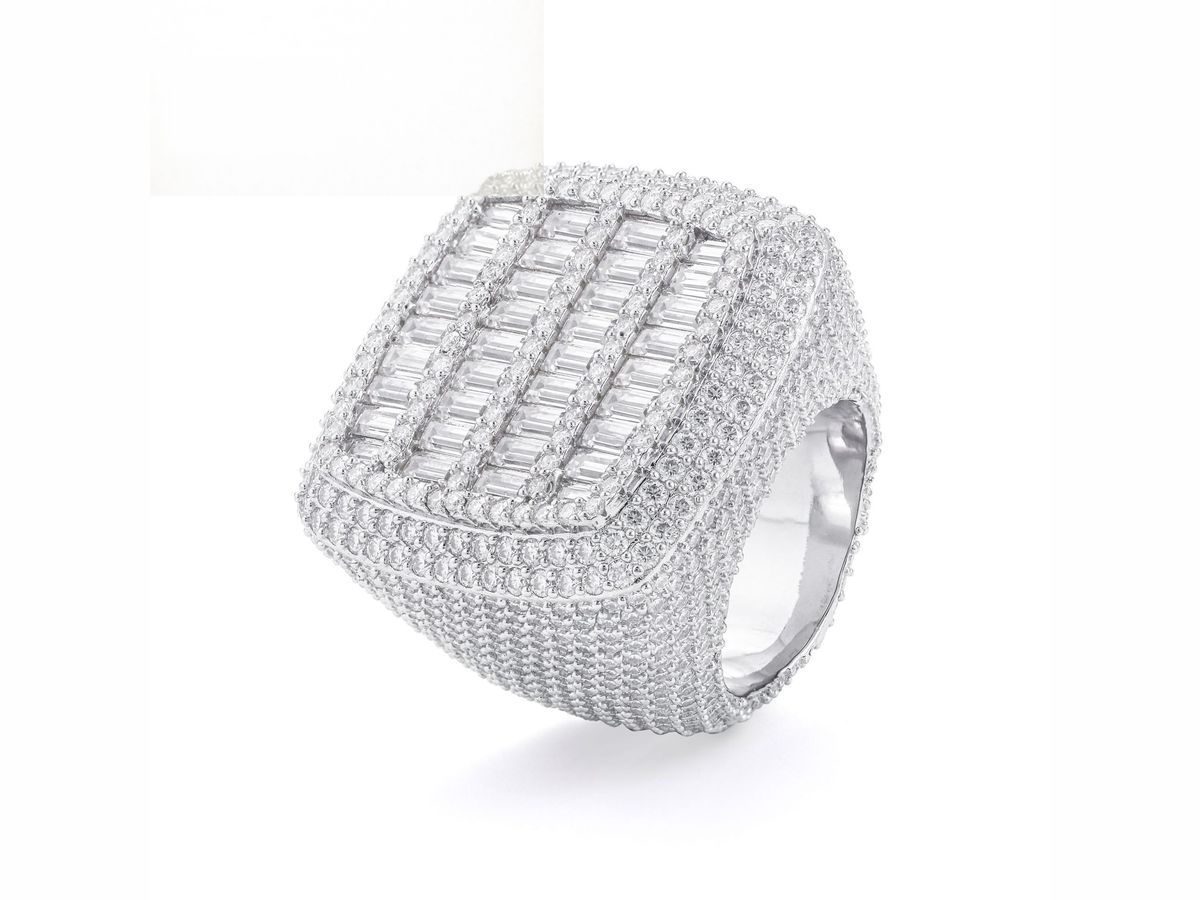 Moissanite quad row baguette band in 925 sterling silver, four rows of baguette and round stones set across the face