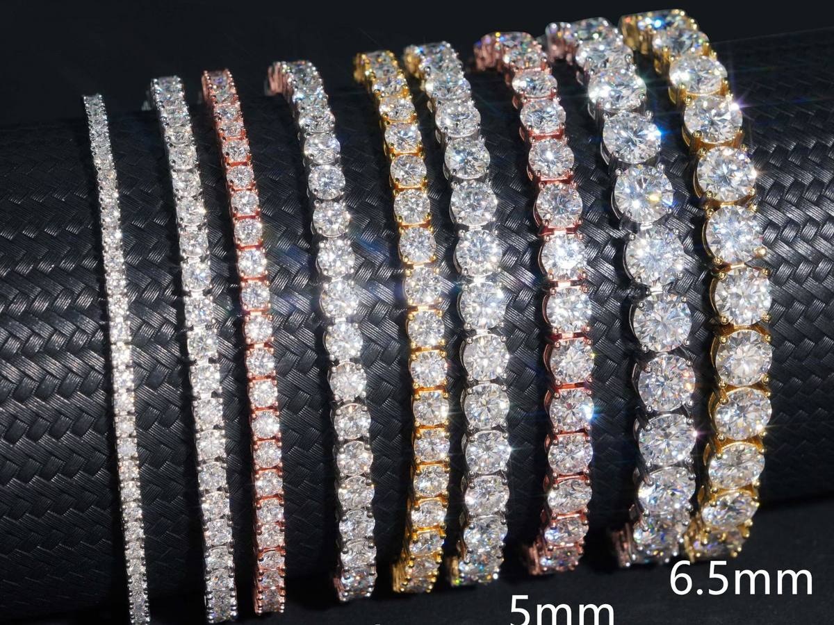 Moissanite tennis bracelet in 925 sterling silver, 2mm thin line with individually prong-set stones