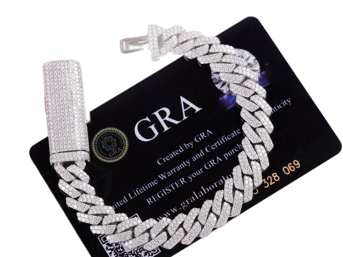 Moissanite Cuban link bracelet with double row of hand-set stones in 925 sterling silver, 8mm to 15mm widths