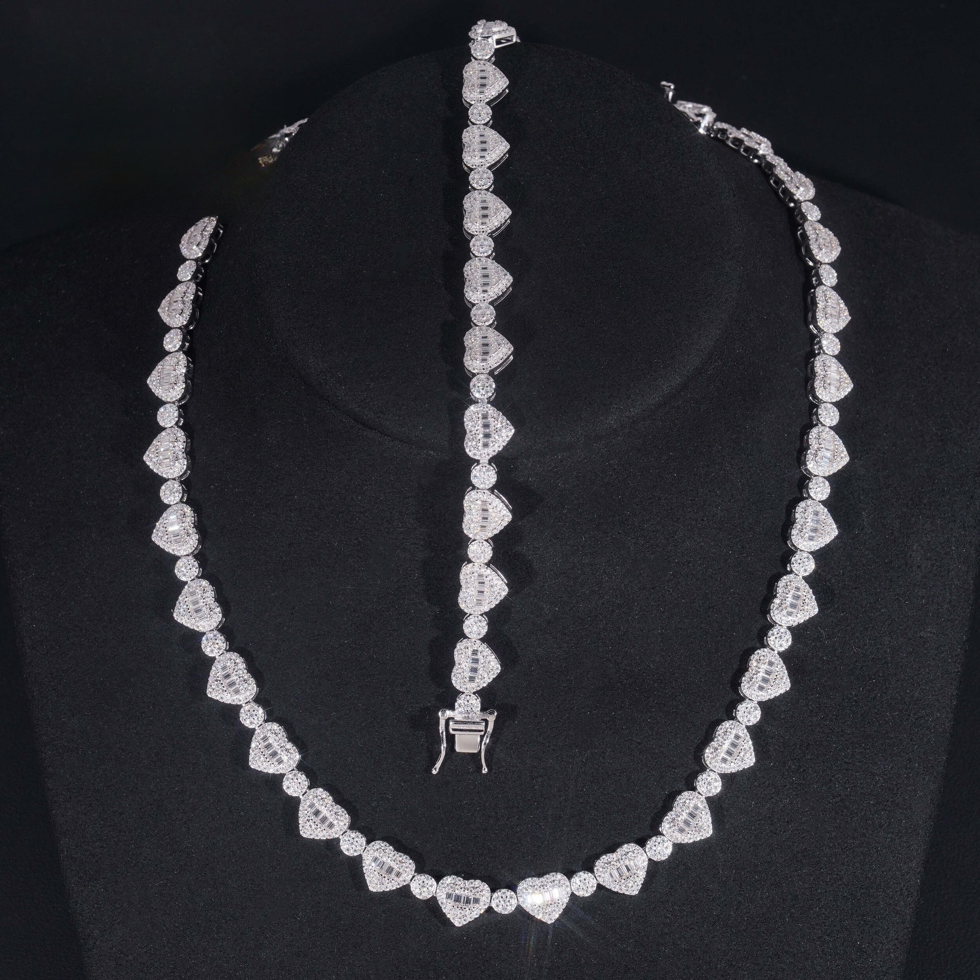 Moissanite Heart Tennis Bracelet — Baguette Pave, 925 Silver