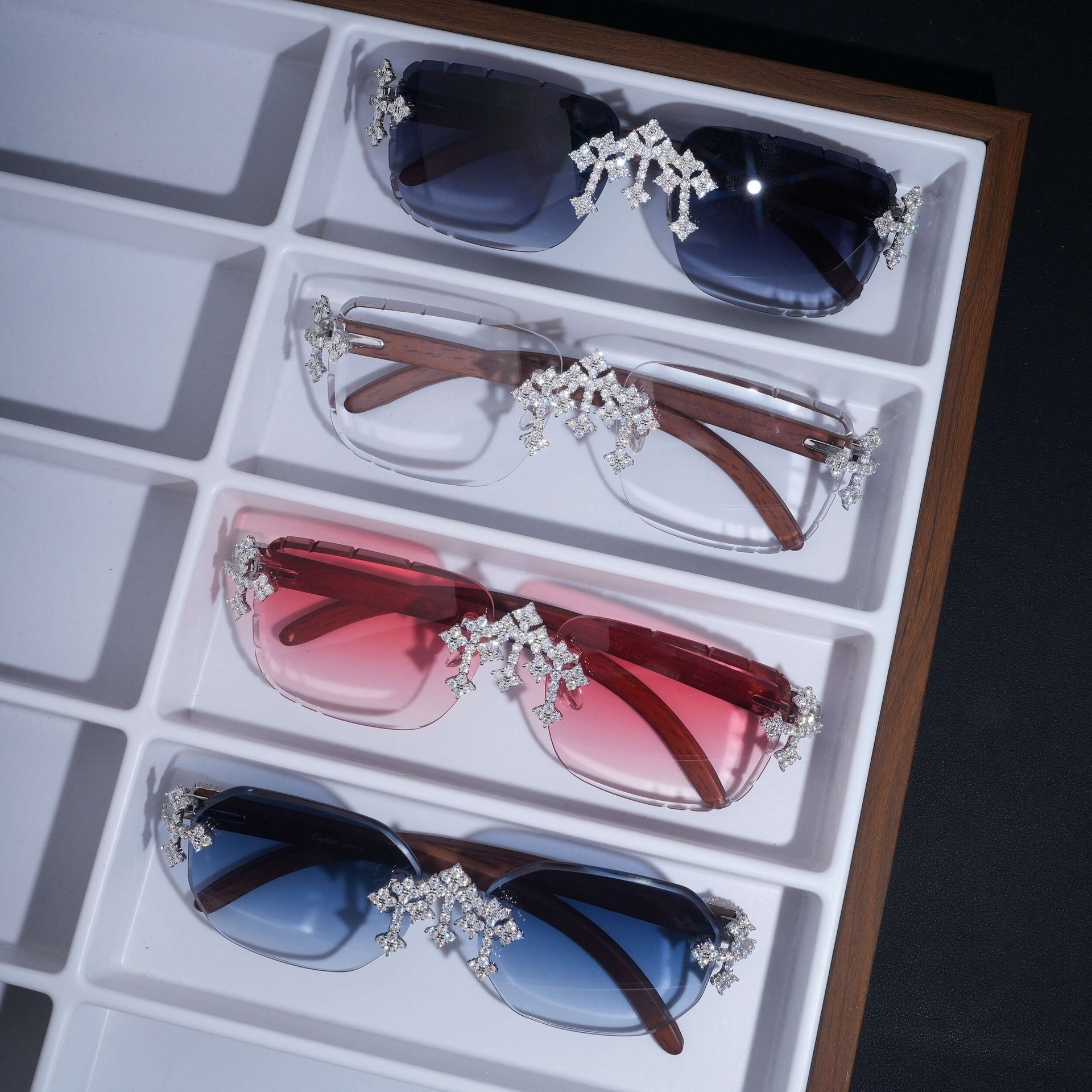 Iced Out Moissanite Sunglasses — Rosewood Temples, 925 Silver — NOVAE ATELIER