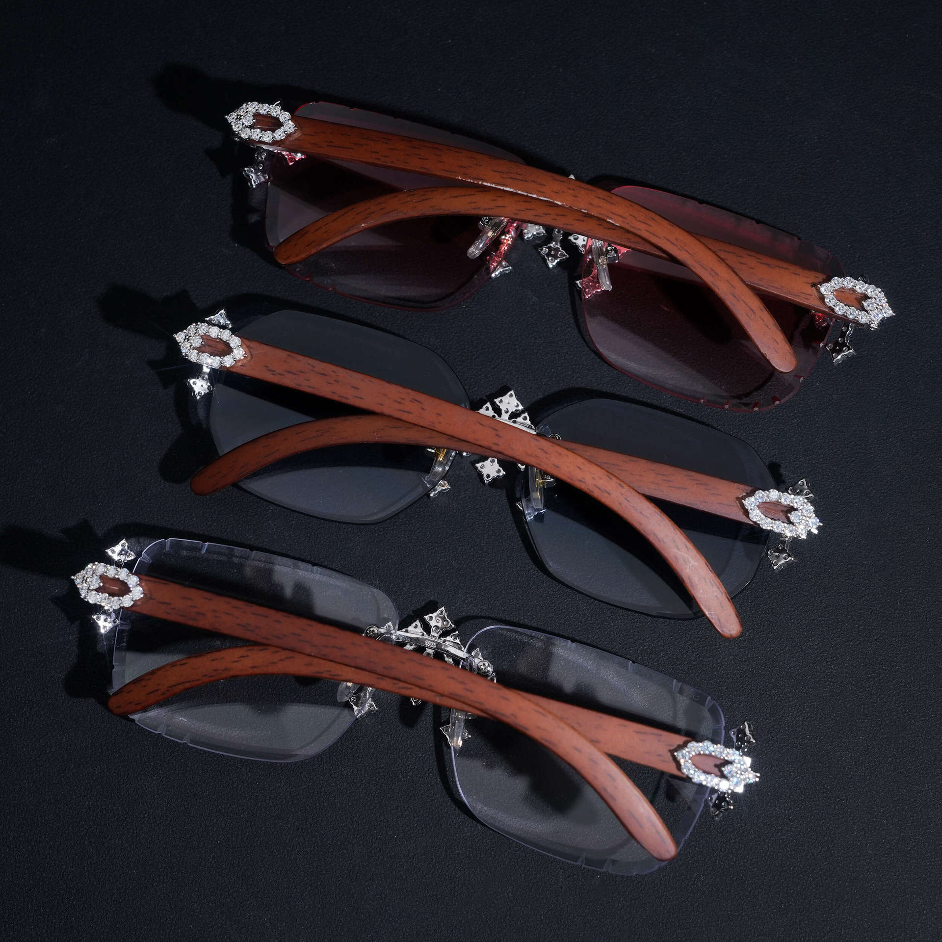 Iced Out Moissanite Sunglasses — Rosewood Temples, 925 Silver — NOVAE ATELIER