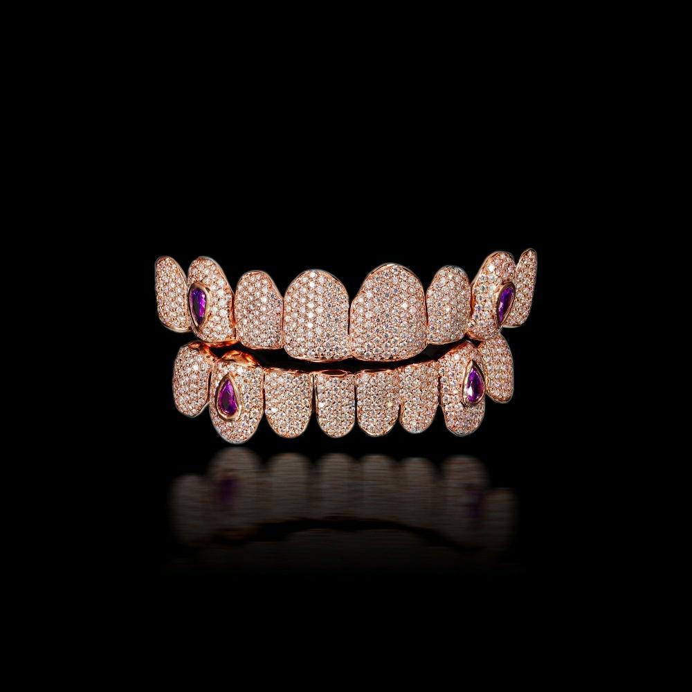 Custom Grillz — Rose Gold, Iced Moissanite with Ruby Inlay — NOVAE ATELIER