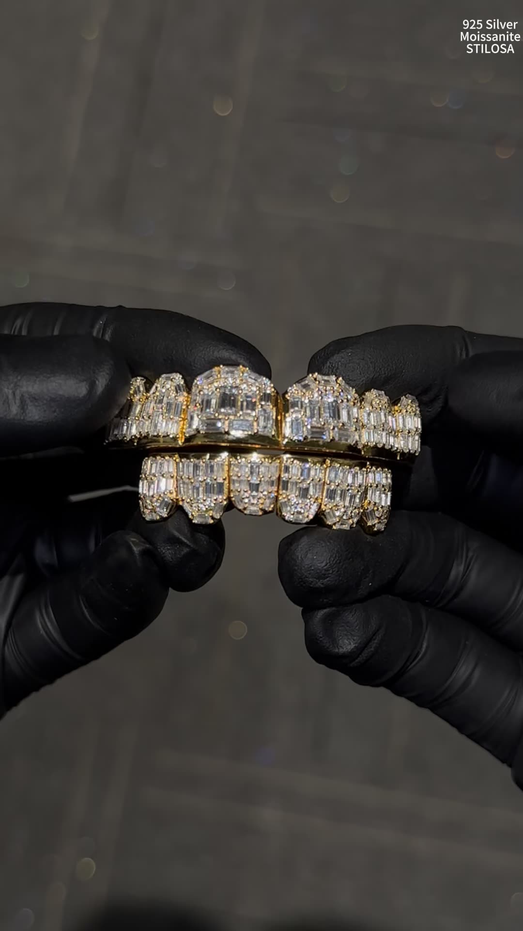 Custom Grillz — Baguette Cut Moissanite, Full Set, Silver