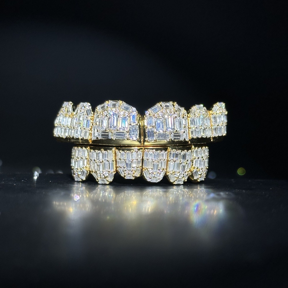 Custom Grillz — Baguette Cut Moissanite, Full Set, Silver — NOVAE ATELIER