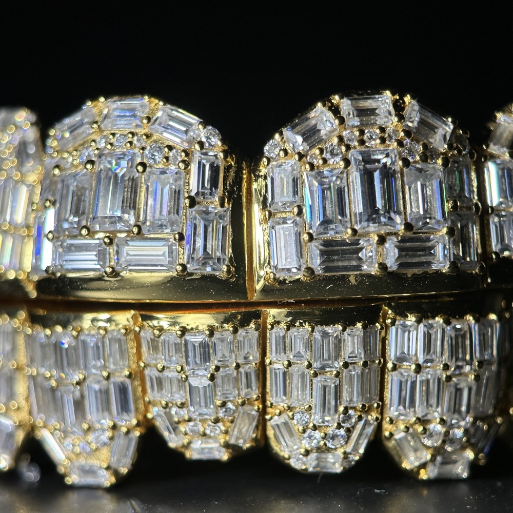 Custom Grillz — Baguette Cut Moissanite, Full Set, Silver — NOVAE ATELIER