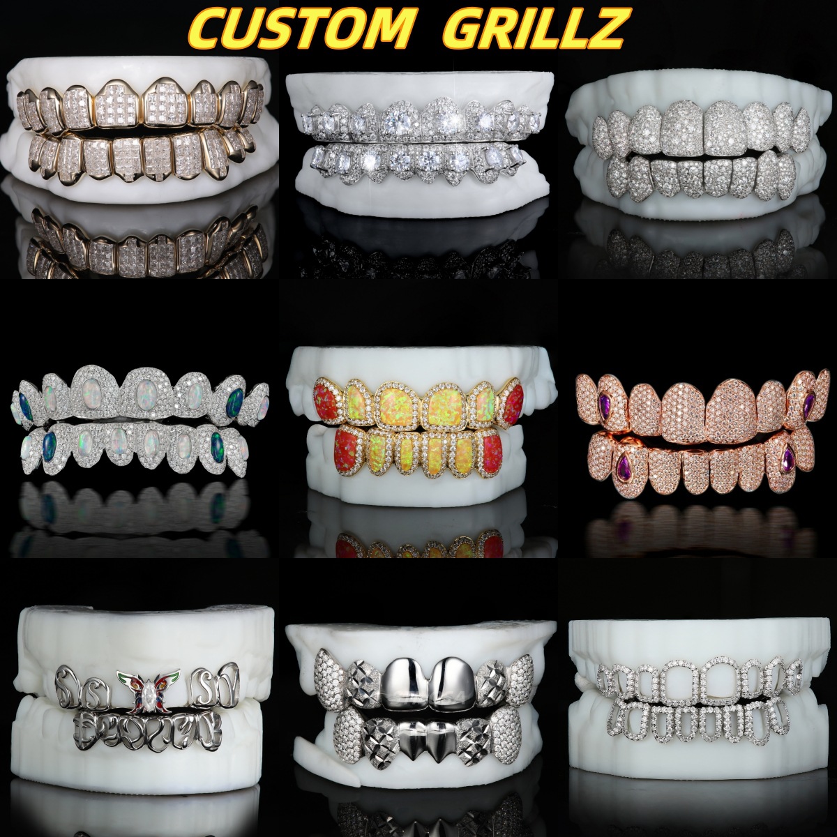 Custom Grillz — Fully Iced Moissanite, Raised Center Stone, Silver — NOVAE ATELIER