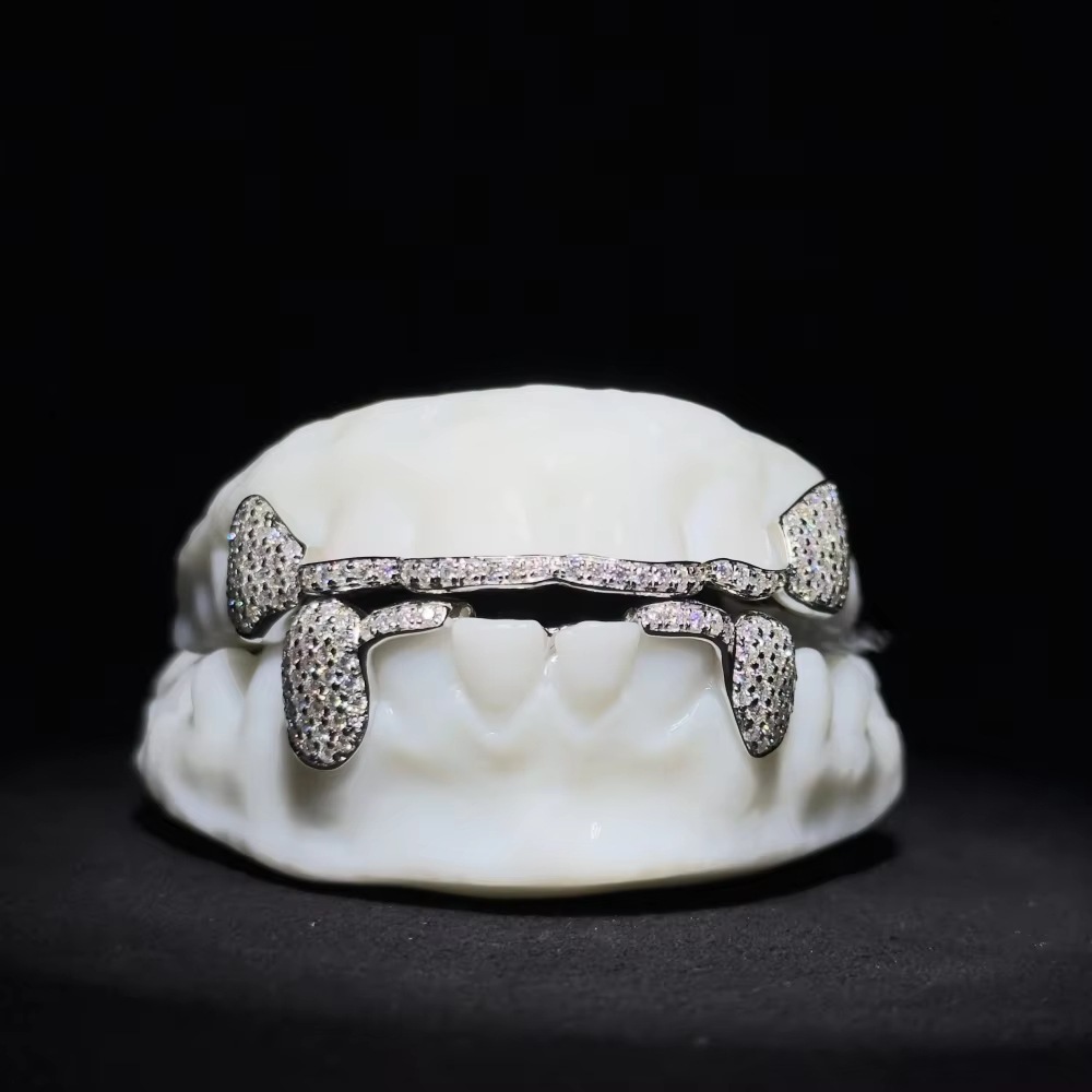 Custom Grillz — Designer Shape, Iced Moissanite, Silver — NOVAE ATELIER