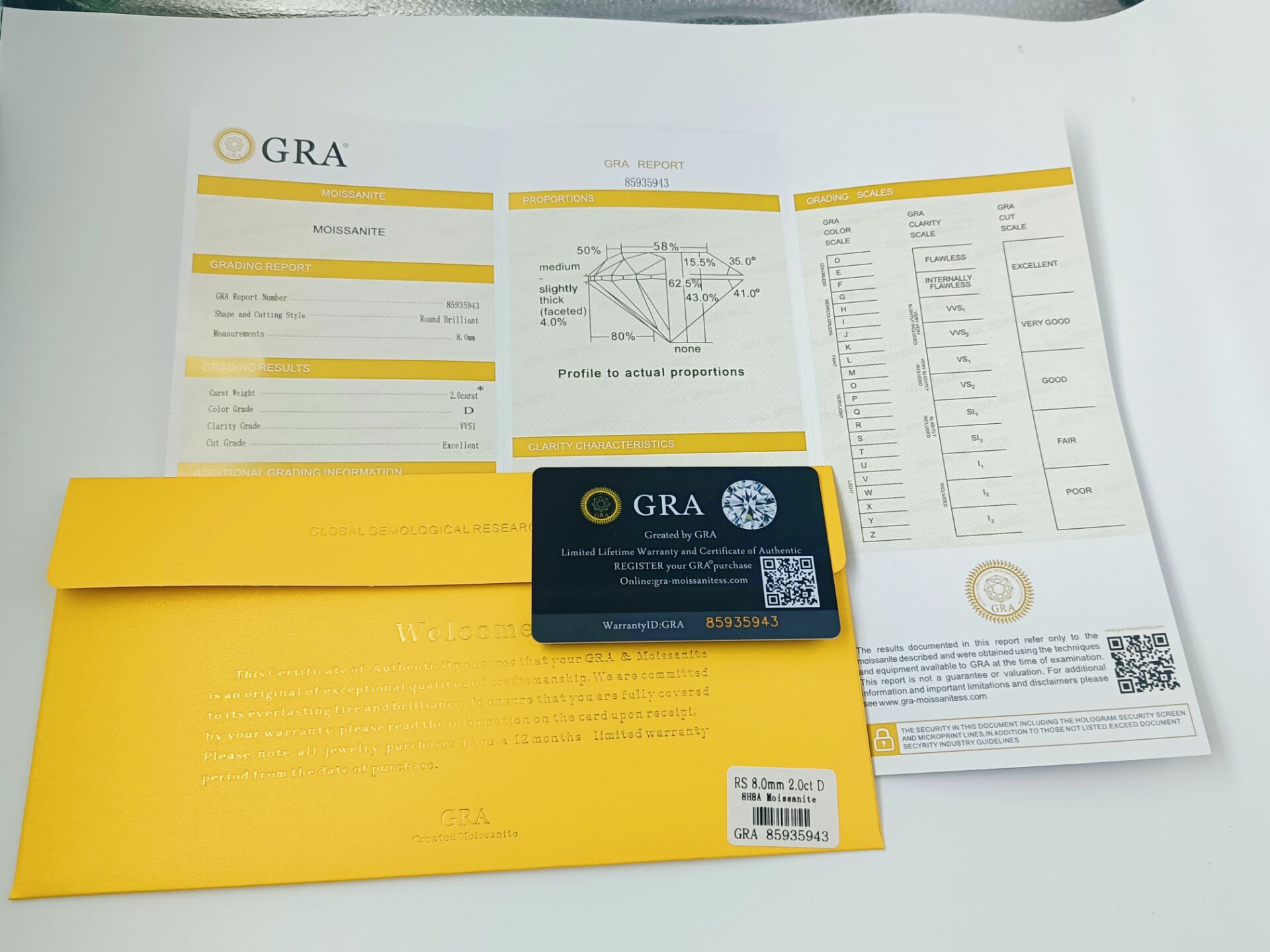 GRA moissanite certification card